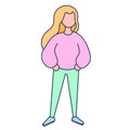 Girl with hands in pockets in full growth, minimalistic vector illustration